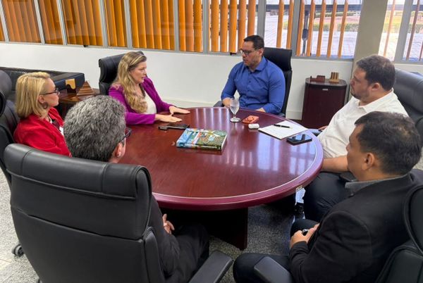 Reunião entre a reitora da Ufam, Tanara Lauschner, o superintendente da Suframa, Leopoldo Montenegro, e outros participantes