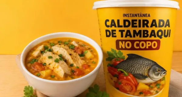 Copo de caldeirada de tambaqui instantânea da Amazon Porridge, com peixe e legumes visíveis