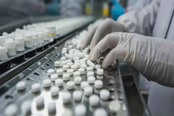 Mãos com luvas brancas manuseando comprimidos brancos em uma linha de produção farmacêutica industrial.