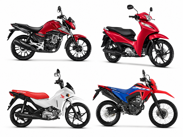 Quatro modelos de motocicletas Honda: CG Titan vermelha, Biz vermelha, Pop branca com banco vermelho e NXR Bros colorida.