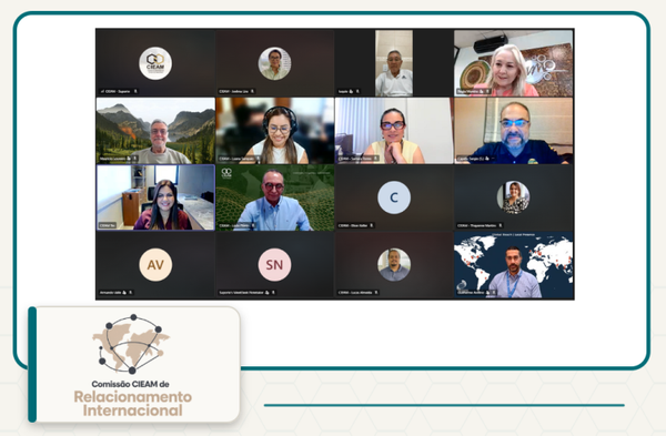 Participantes da 5ª Reunião da Comissão Cieam de Relacionamento Internacional em mosaico de videoconferência.