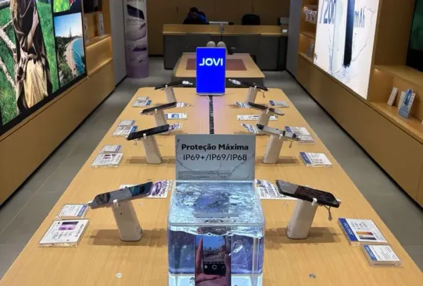 Smartphones da marca Jovi expostos em bancada de loja, com destaque para teste de resistência à água em recipiente de vidro.