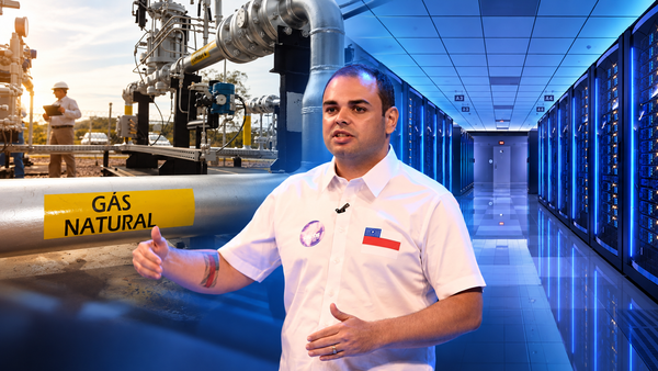 Montagem mostra o governador Roberto Cidade entre uma tubulação de gás natural e um corredor de servidores de datacenter.