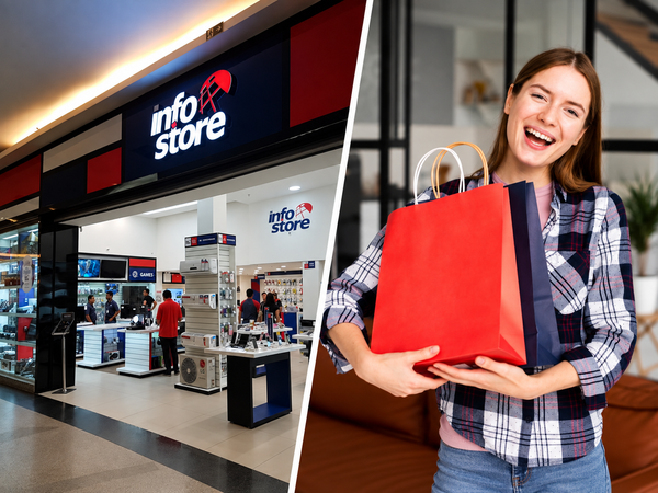 Fachada de uma loja Info Store em um shopping e uma mulher sorridente segurando sacolas de compras.