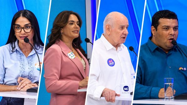 Montagem com os candidatos Shádia Fraxe, Alessandra Campêlo, Serafim Corrêa e Léo Balbi durante sabatina na TV Norte.