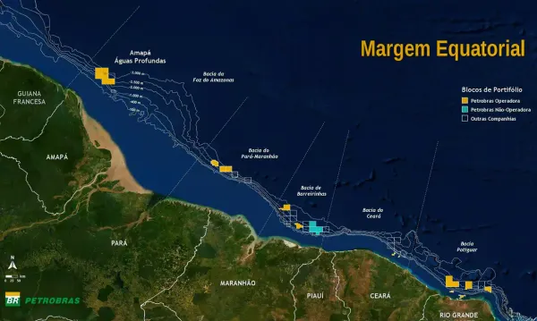 Mapa da Margem Equatorial brasileira destacando blocos de exploração da Petrobras na Bacia da Foz do Amazonas e outras áreas.