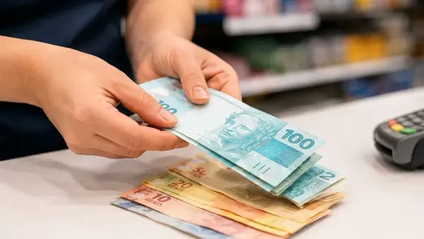 Mãos de uma pessoa contando cédulas de Real sobre um balcão com uma máquina de cartão ao lado.