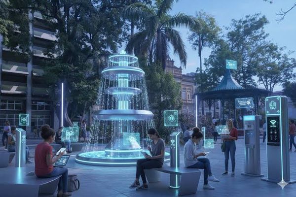 Projeção digital do Largo de São Vicente com fontes luminosas tecnológicas, totens de Wi-Fi e pessoas usando tablets.