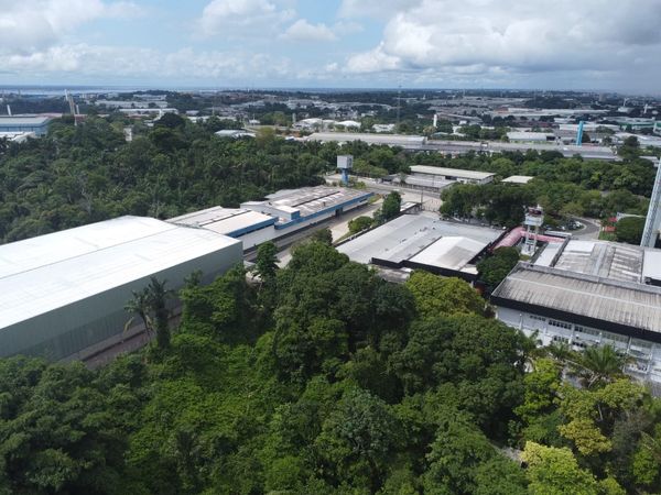 Vista aérea de galpões industriais cercados por vegetação no Polo Industrial de Manaus.