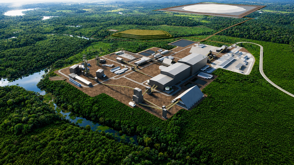 Projeção aérea das instalações industriais do Projeto Potássio Autazes cercadas por floresta e rio no Amazonas.