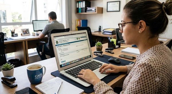 Mulher de óculos usa notebook em escritório, com tela exibindo sistema de emissão de nota fiscal eletrônica.