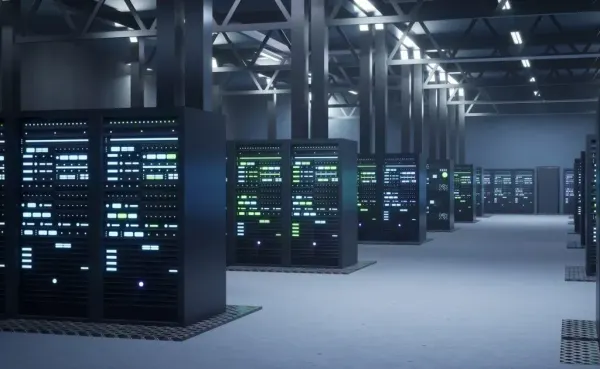 Corredores de um data center com diversos racks de servidores iluminados por luzes verdes e brancas em ambiente industrial.