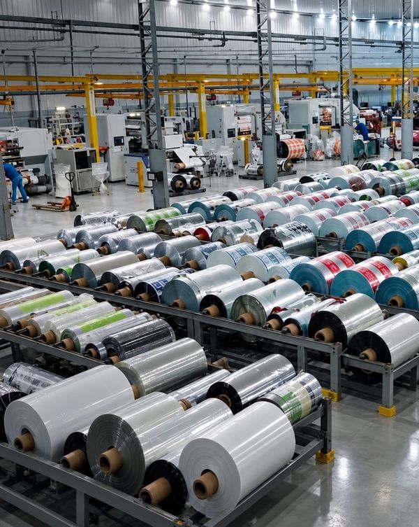 Bobinas de filmes plásticos coloridos e transparentes organizadas em prateleiras metálicas dentro de uma fábrica.