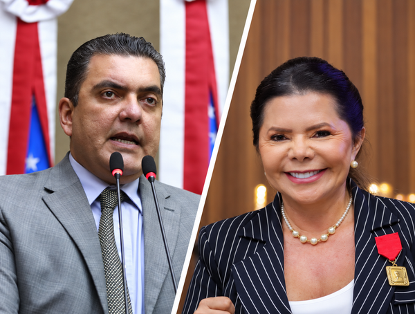 Montagem com fotos do deputado Abdala Fraxe discursando e da prefeita Marina Pandolfo sorrindo.