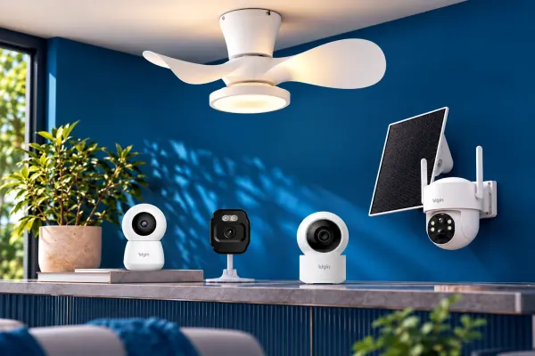 Ventilador de teto branco iluminado e quatro modelos de câmeras de segurança da Elgin sobre uma bancada.
