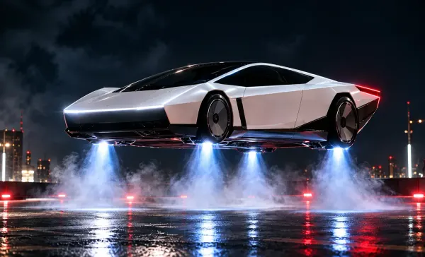 Carro esportivo branco da Tesla pairando sobre jatos de luz e fumaça em um heliponto durante a noite.