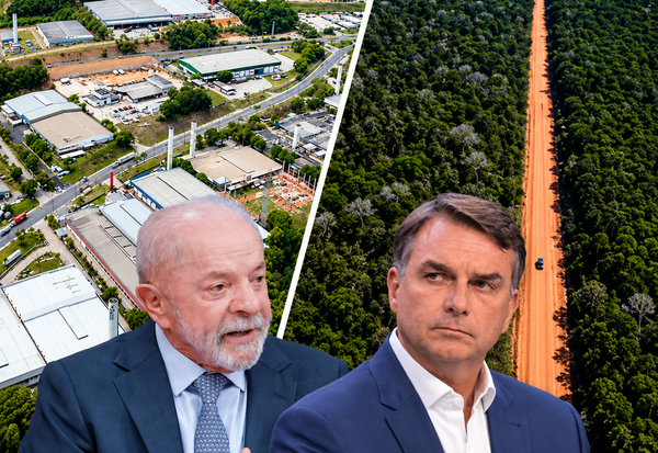 Montagem com Lula sobre imagem do Polo Industrial de Manaus e Flávio Bolsonaro sobre imagem aérea da rodovia BR-319.