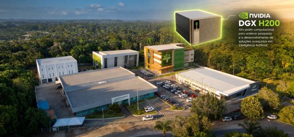 Vista aérea das instalações da FPFtech em Manaus, cercada por vegetação, com destaque gráfico para o sistema NVIDIA DGX H200.