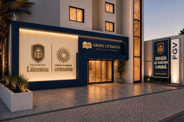 Fachada da Faculdade Literatus e do Centro de Ensino Literatus em Manaus, com iluminação noturna e logotipos em dourado.
