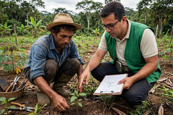 Homem com chapéu de palha e técnico com colete verde analisam muda de planta em plantação no Amazonas.