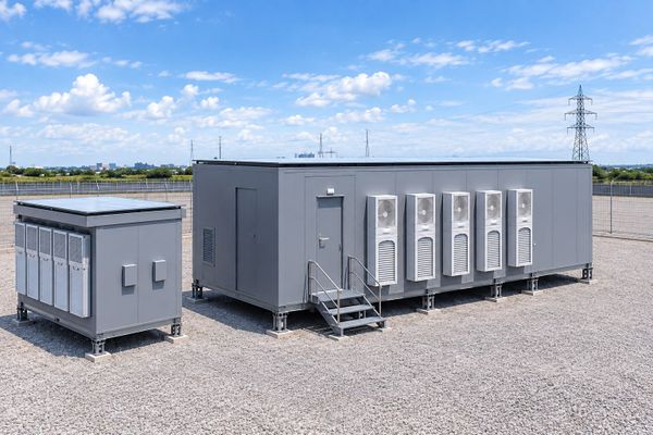 Dois módulos de datacenter externos na cor cinza instalados sobre base de brita sob céu azul.