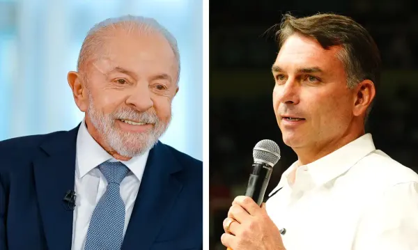 Montagem com os candidatos Luiz Inácio Lula da Silva, à esquerda, e Flávio Bolsonaro, à direita segurando um microfone.