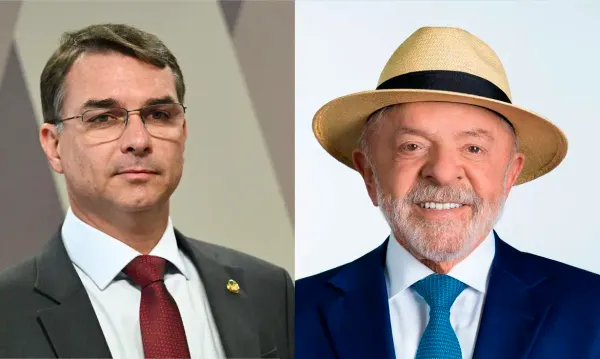 Montagem com os rostos de Flávio Bolsonaro, à esquerda, e Luiz Inácio Lula da Silva, à direita usando um chapéu.
