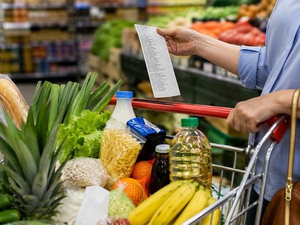 Pessoa segura nota fiscal em frente a carrinho de supermercado com frutas, legumes, óleo e macarrão em Manaus.