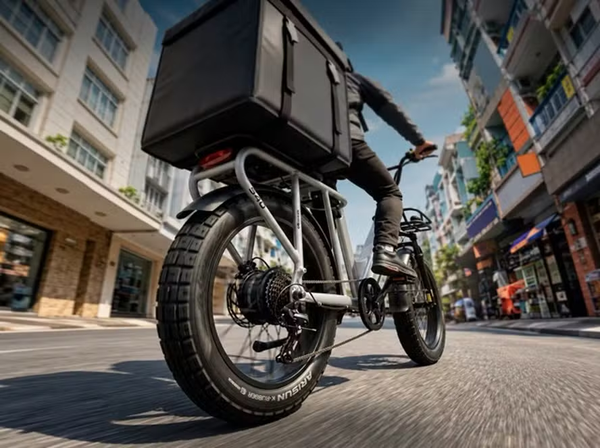 Entregador em bicicleta elétrica com baú traseiro circulando por rua urbana.