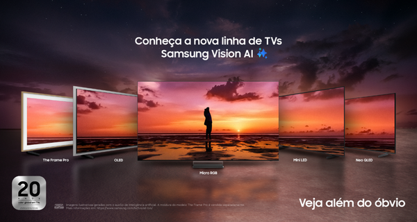 Cinco modelos de TVs Samsung alinhados exibindo imagens de pôr do sol, incluindo as linhas The Frame Pro, OLED e Micro RGB.
