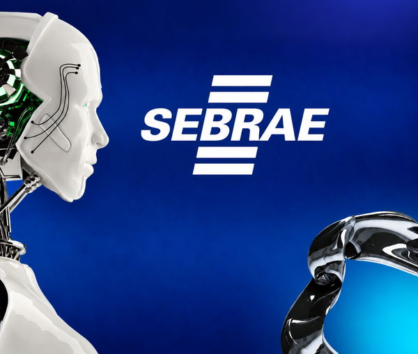 Perfil de um robô humanoide branco ao lado do logotipo do Sebrae sobre fundo azul.