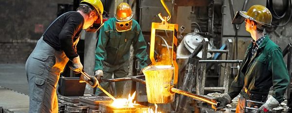 Três metalúrgicos com capacetes e roupas de proteção operando caldeira com metal fundido em uma fundição.