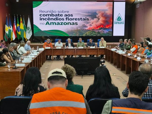 Representantes de órgãos governamentais reunidos em mesa redonda no auditório da Suframa para discutir incêndios florestais.