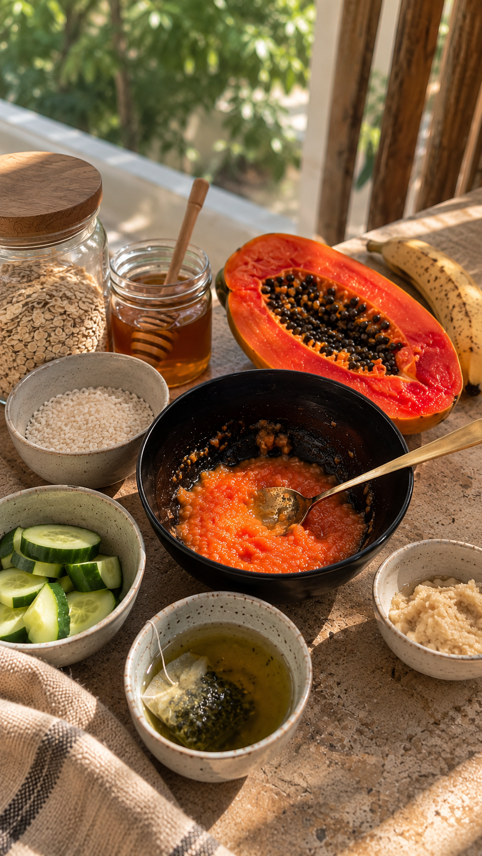 Oats, rice, honey, half a papaya, a banana, cucumber and green tea laid out on a sunny counter around a bowl of blended papaya.