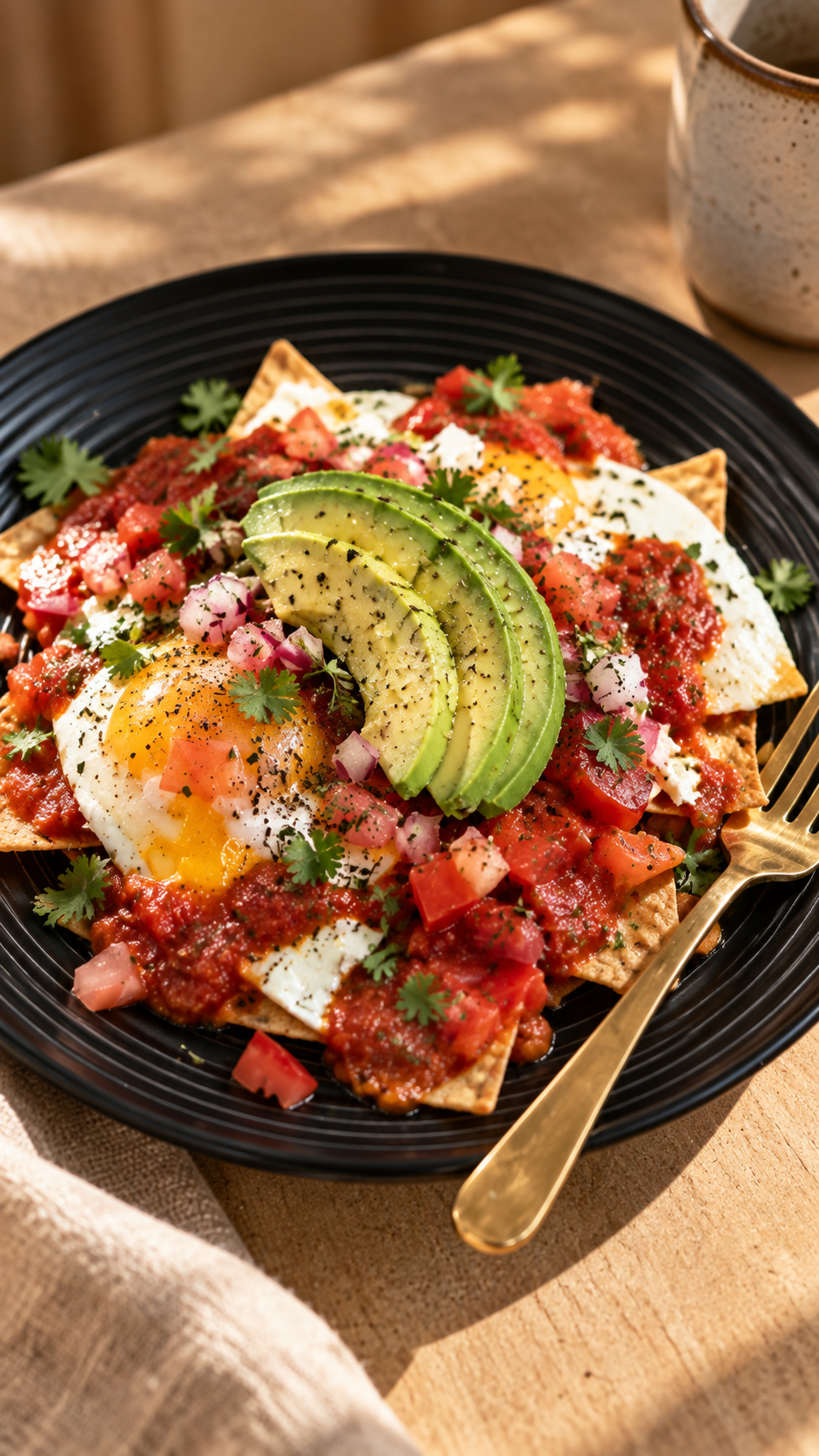 A plate of chilaquiles with fried eggs, salsa and sliced avocado.