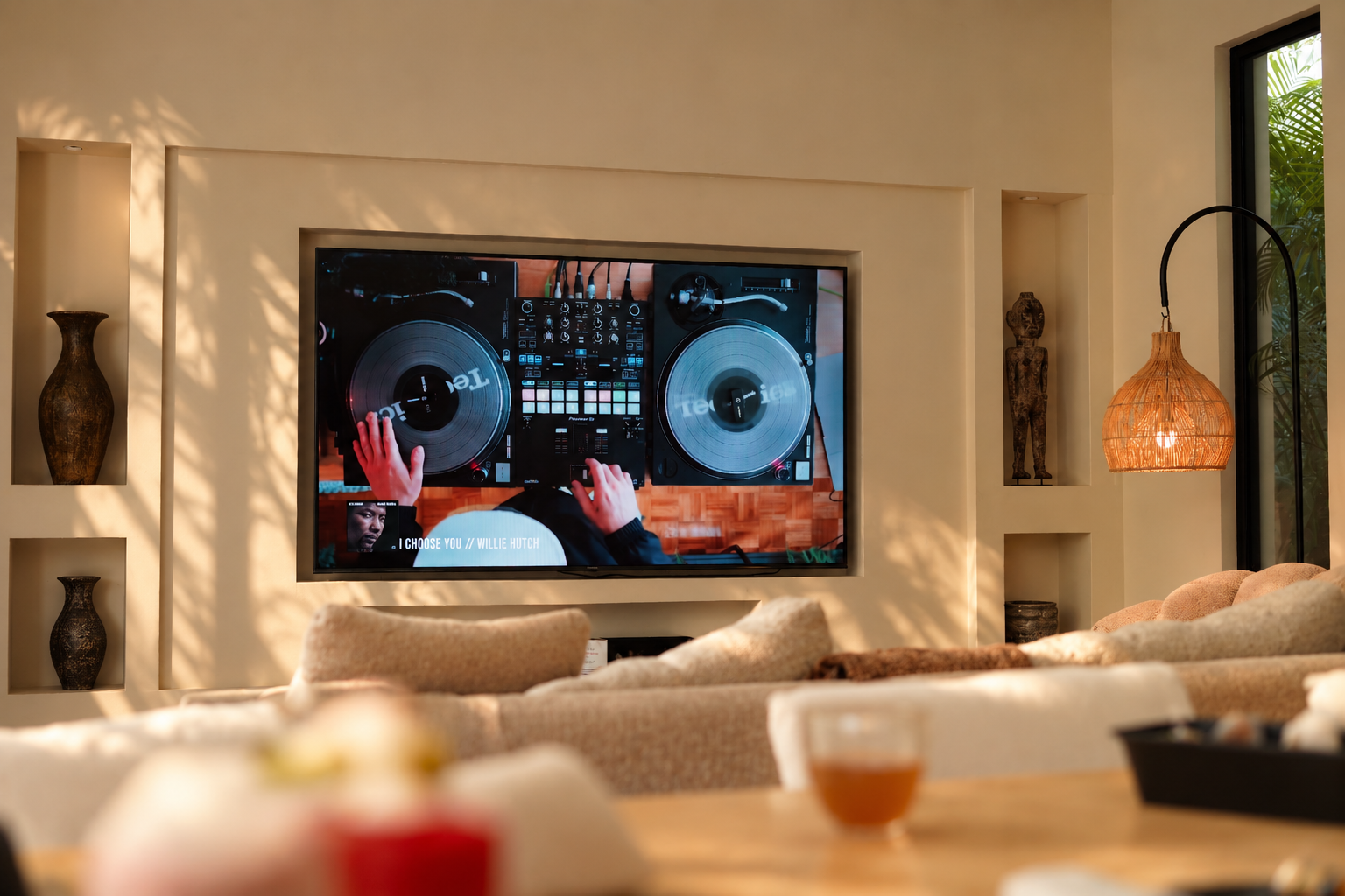 The living room on Sunday morning, with a music video playing on the TV.
