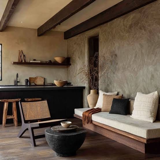 A warm plaster room with soft seating and an arched niche