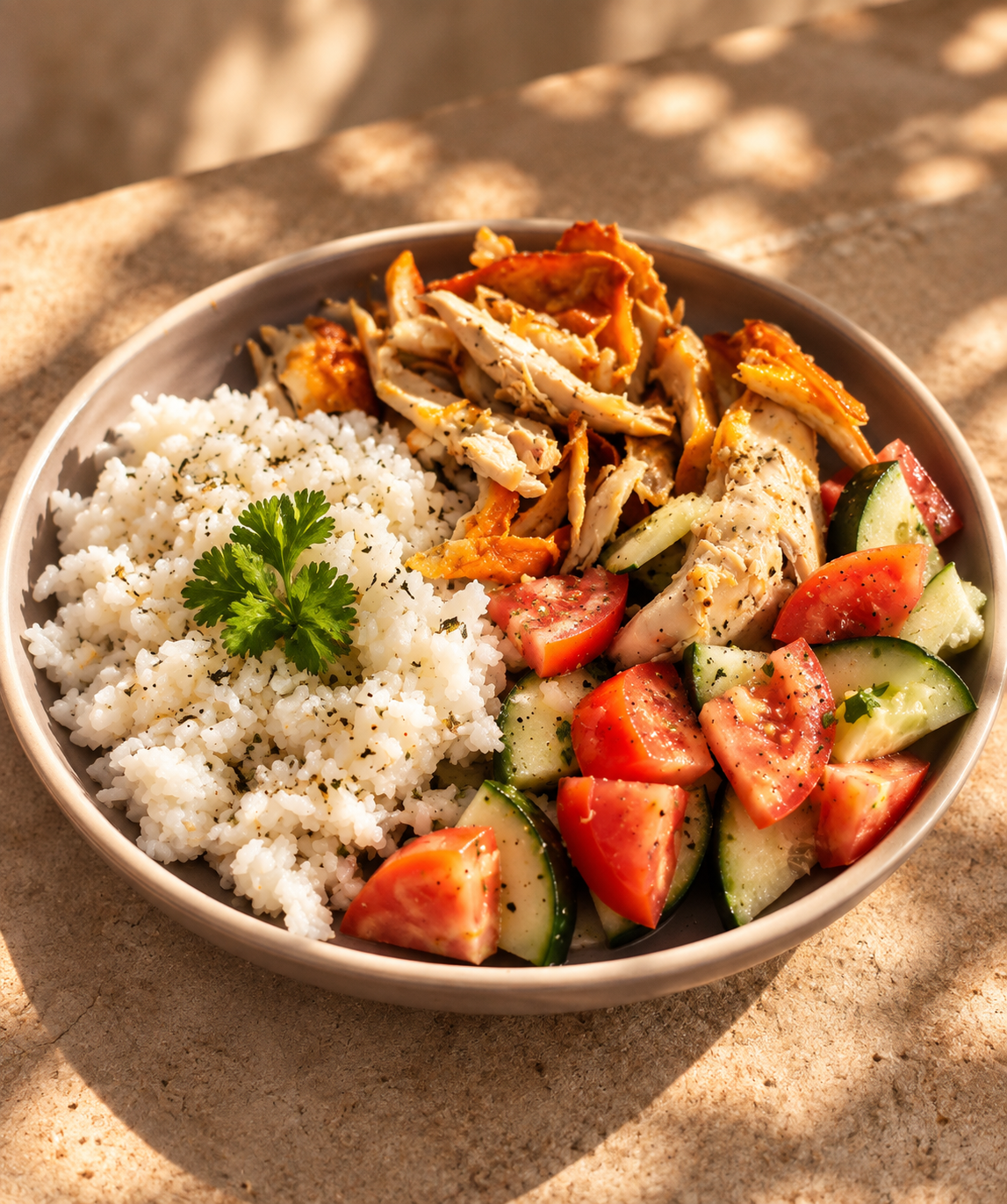 Chicken and rice with cucumber and tomato salad