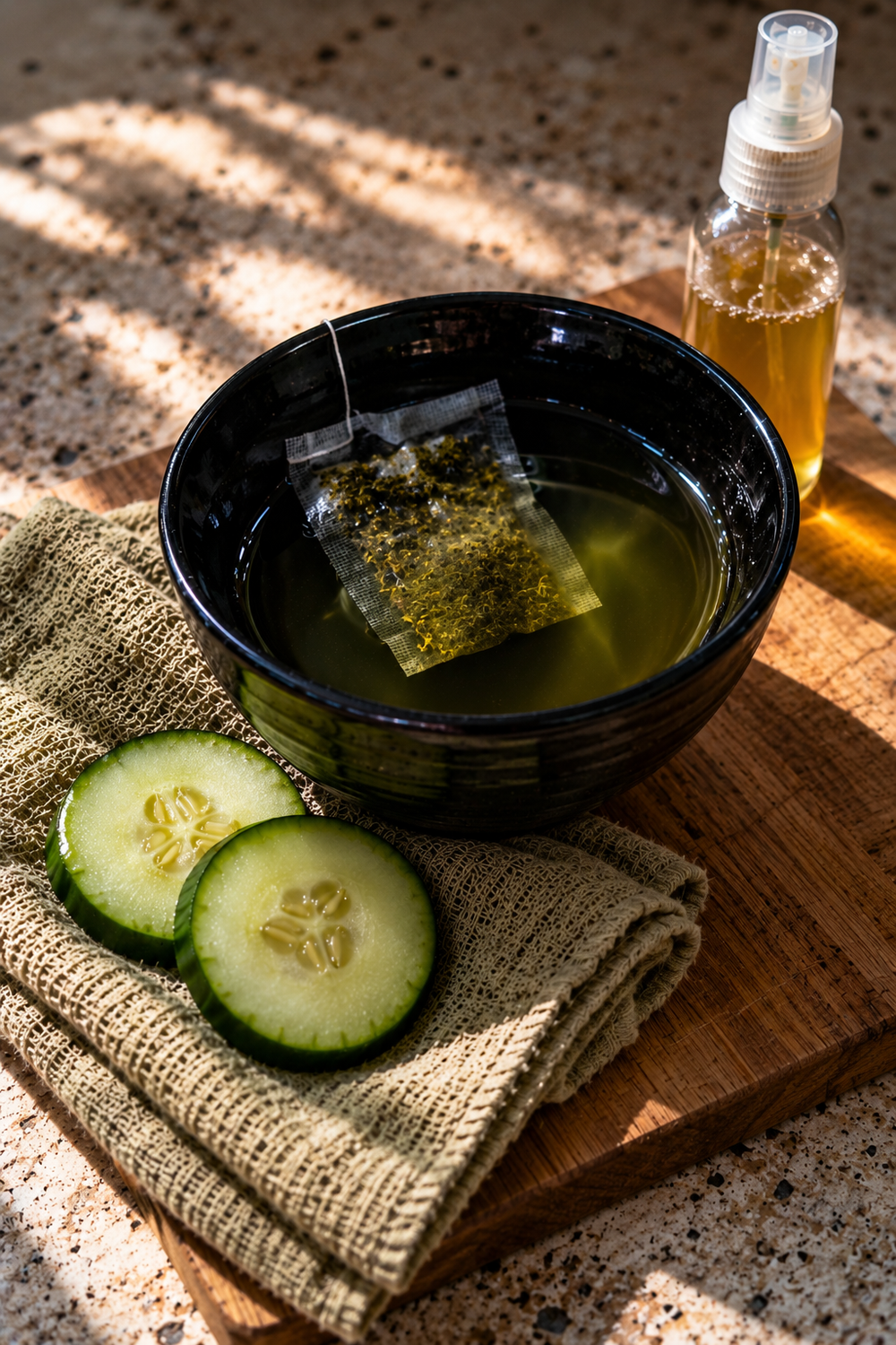 Brewed green tea with cucumber slices, a facial cloth and a small spray bottle.