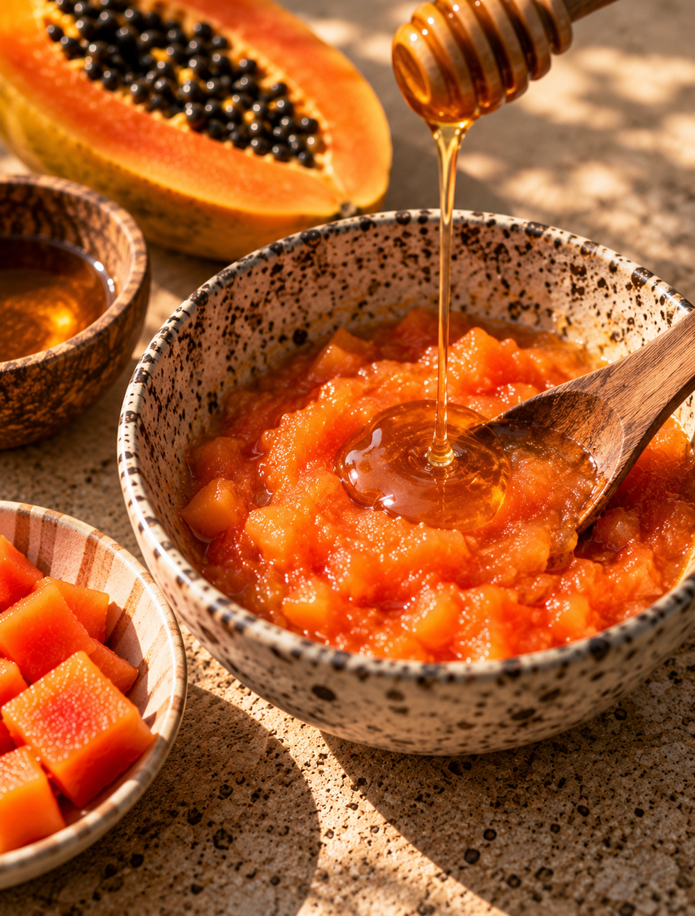 Ripe papaya and honey arranged for a homemade face mask.