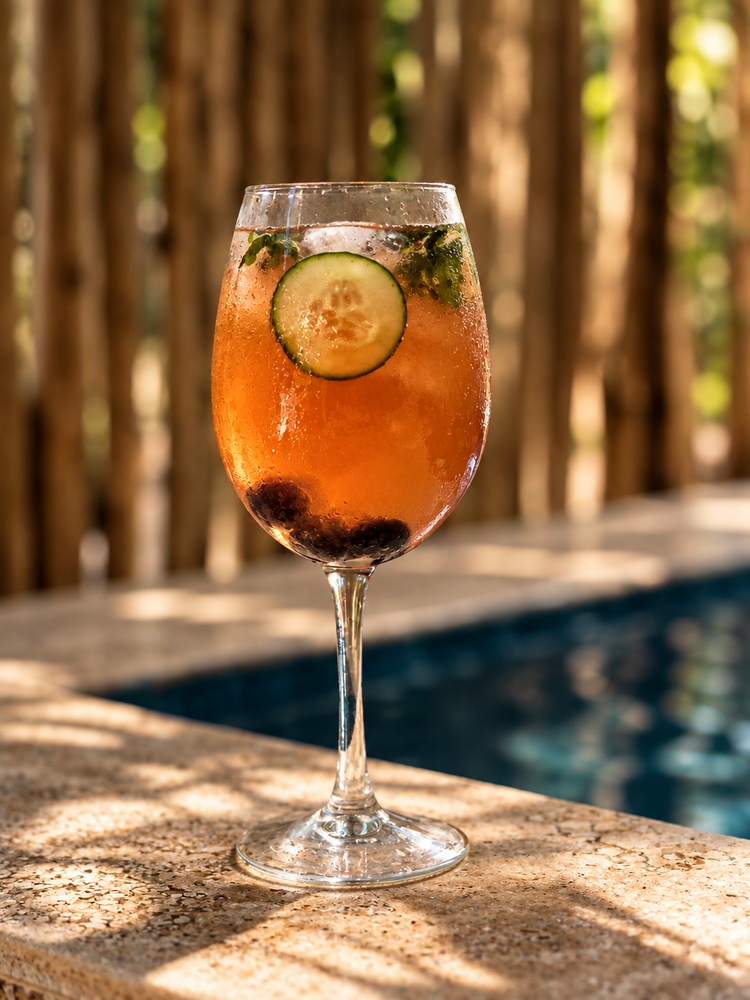Pink spritzer with cucumber and mint in a stemmed glass beside the pool.