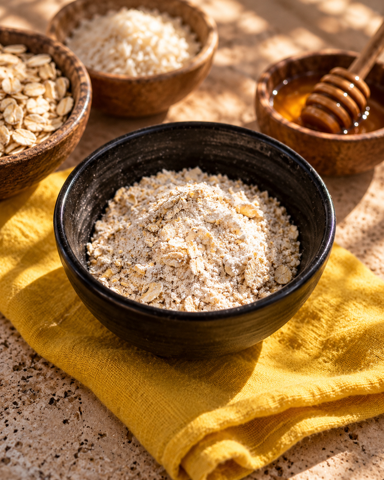 Ground oats and rice in a black bowl on mustard linen, with bowls of rolled oats, rice and honey behind.