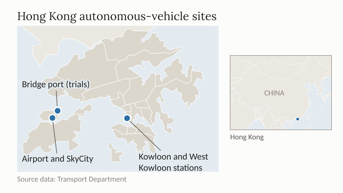 Sites in Hong Kong’s driverless-vehicle plans. Map: AsiaTech; source data: Transport Department