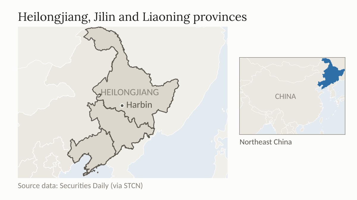 Locator map of Heilongjiang, Jilin and Liaoning, the three northeastern Chinese provinces where SANY's electric heavy trucks are sold