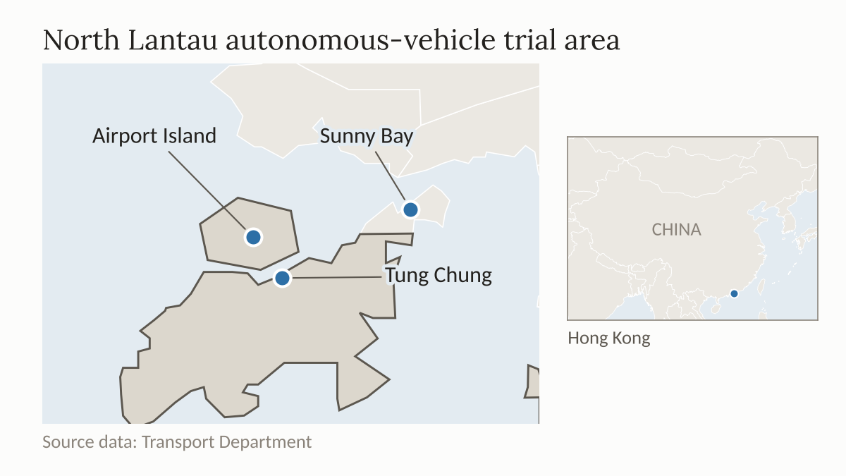 Locator map of North Lantau in Hong Kong showing Tung Chung, Sunny Bay and Airport Island, where Baidu's self-driving trial runs.