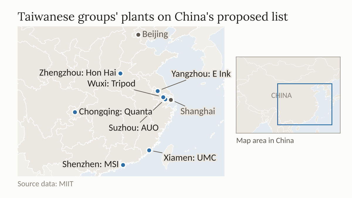 Map of eastern and central China with seven pins for mainland plants of Taiwanese groups on the ministry's proposed smart-factory list, Chongqing to Jiangsu, plus a China inset.