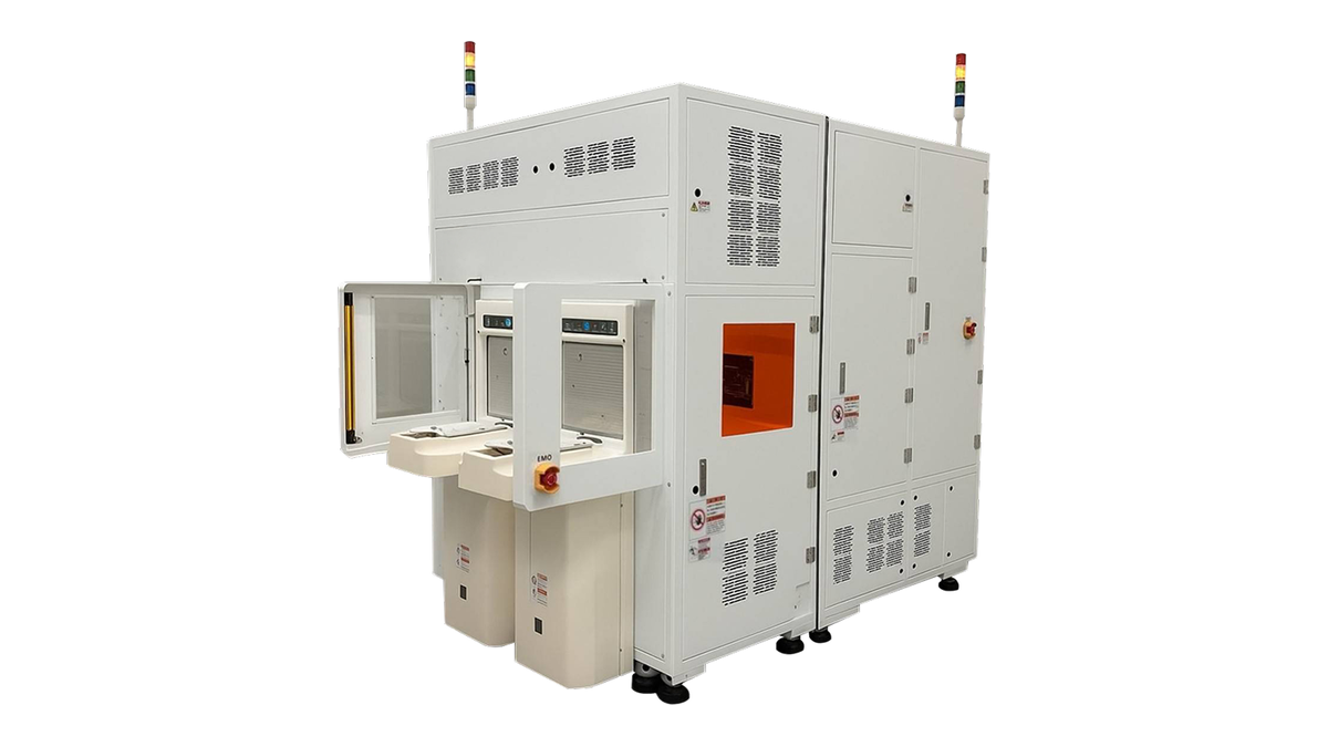 White semiconductor inspection machine with two wafer-loading doors and warning lights, on a white background.