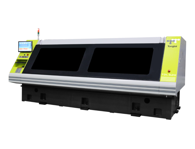 A Tongtai printed circuit board drilling machine, a long enclosed machine with a green and white body, two dark windows and a control screen, on a white background.