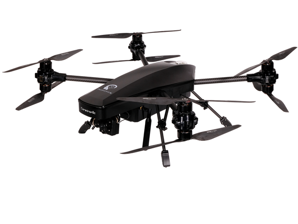 Black Coretronic-branded multirotor drone with a camera gimbal under its body, shown on a white background.