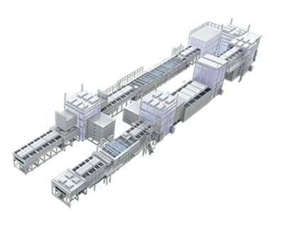 Illustration of a coater/developer production line for display TFT arrays, with conveyor sections and processing units